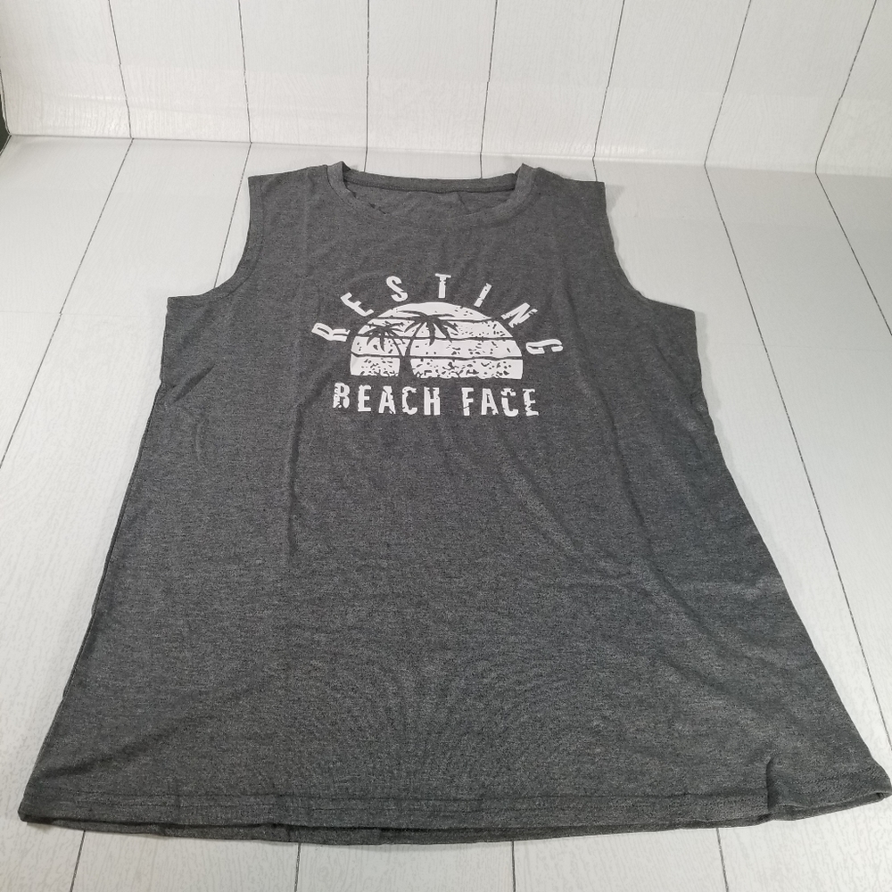 Resting Beach Face Palm Tree Print Gray Tank Top NWOT